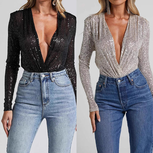 Women's Glamour Deep V-Neck Sequined Bodysuit