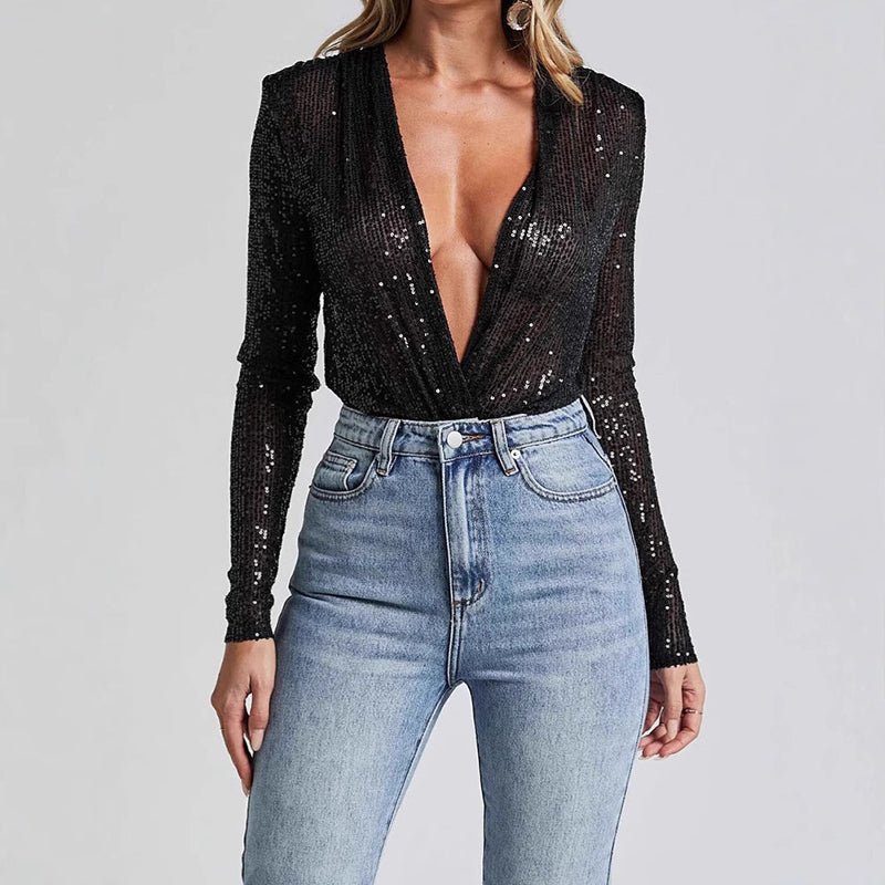 Women's Glamour Deep V-Neck Sequined Bodysuit