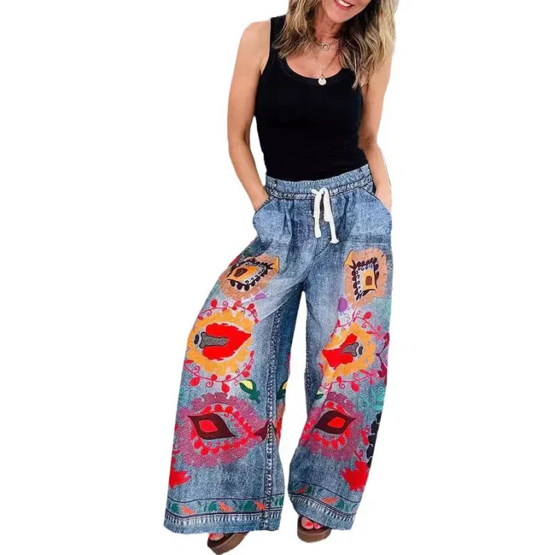 Women's Drawstring Faux Denim Casual Pants