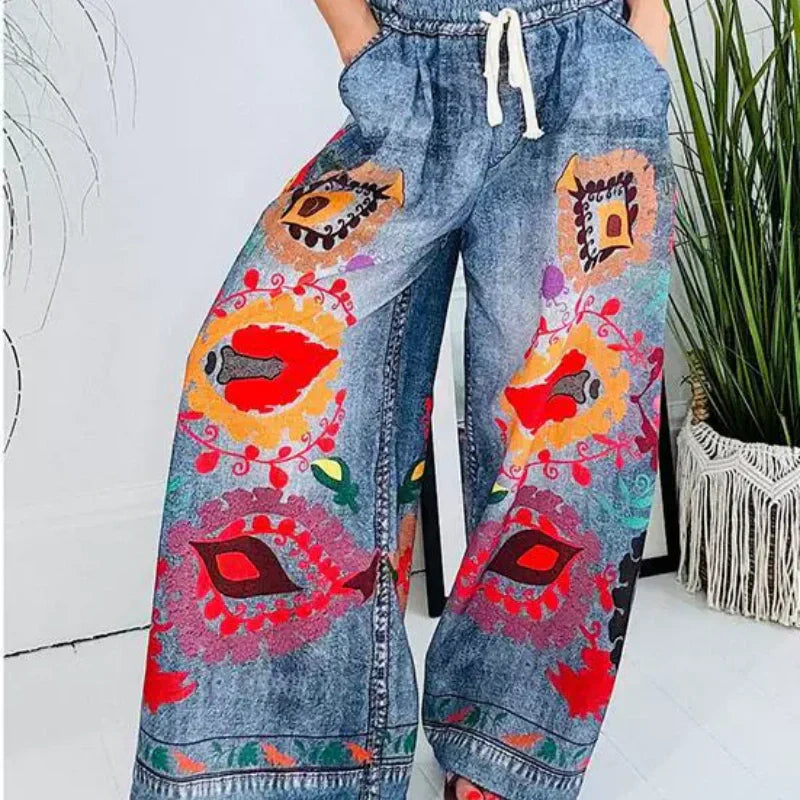 Women's Drawstring Faux Denim Casual Pants