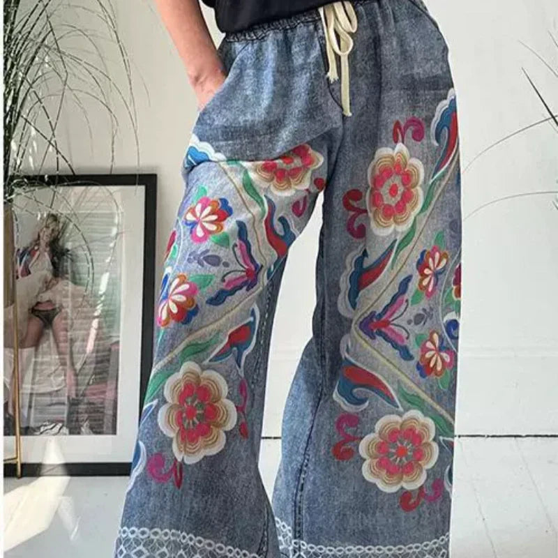 Women's Drawstring Faux Denim Casual Pants