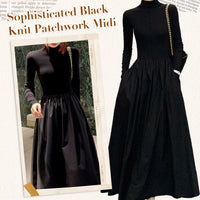 Sophisticated Black Knit Patchwork Midi Dress