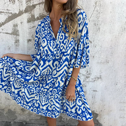 V-Neck Printed Three-Quarter Sleeve Dress