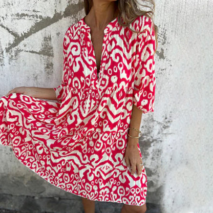 V-Neck Printed Three-Quarter Sleeve Dress