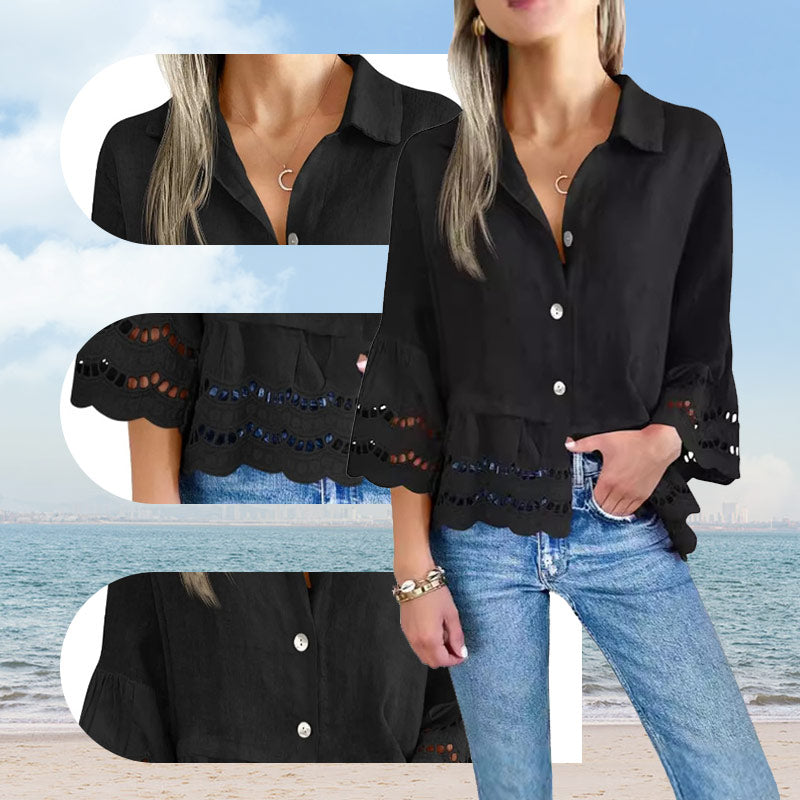 Free shipping on one piece too-Solid Lapel Flared Sleeve Cutout Hem Blouse