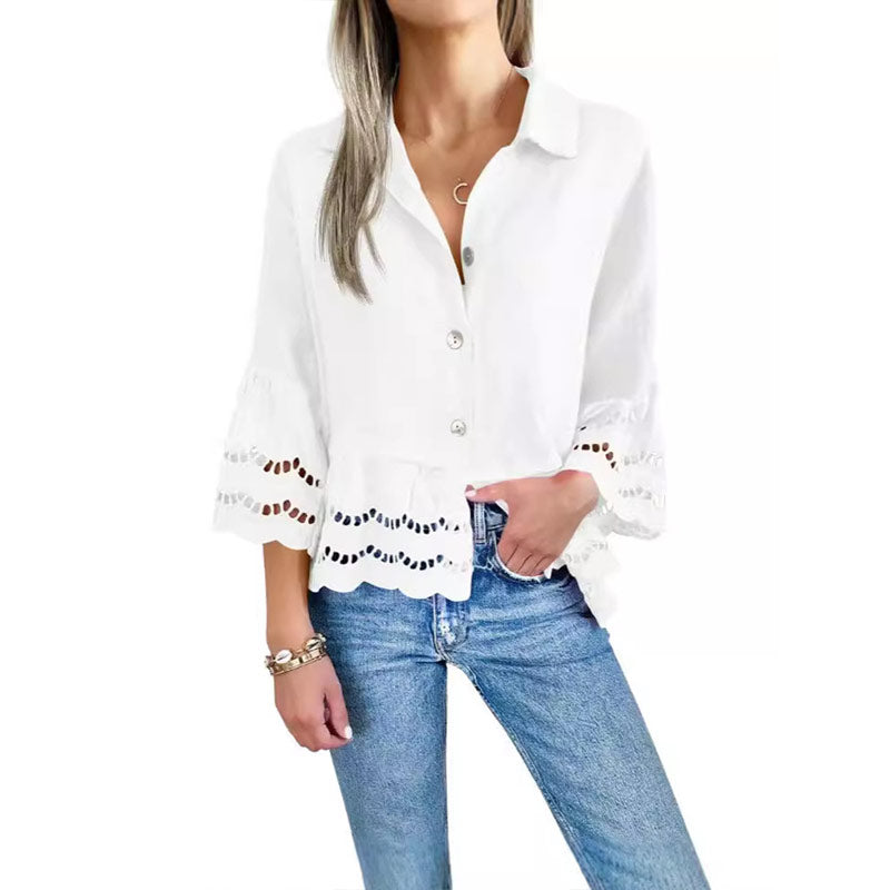 Free shipping on one piece too-Solid Lapel Flared Sleeve Cutout Hem Blouse