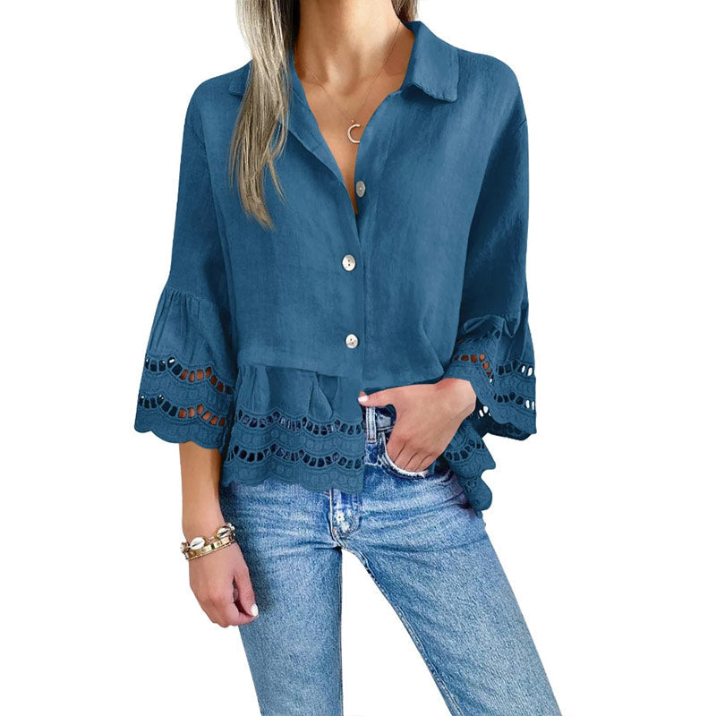 Free shipping on one piece too-Solid Lapel Flared Sleeve Cutout Hem Blouse