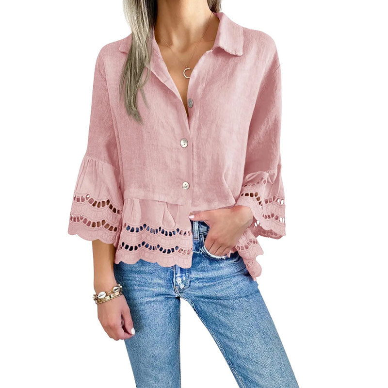 Free shipping on one piece too-Solid Lapel Flared Sleeve Cutout Hem Blouse