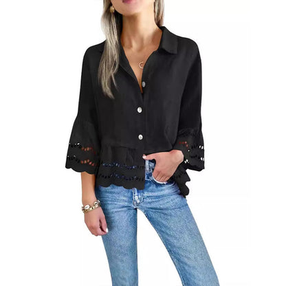 Free shipping on one piece too-Solid Lapel Flared Sleeve Cutout Hem Blouse