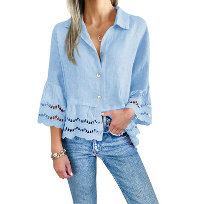 Free shipping on one piece too-Solid Lapel Flared Sleeve Cutout Hem Blouse