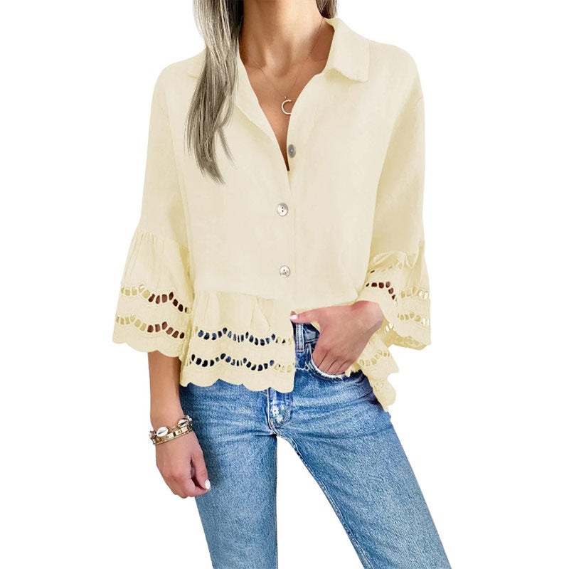 Free shipping on one piece too-Solid Lapel Flared Sleeve Cutout Hem Blouse