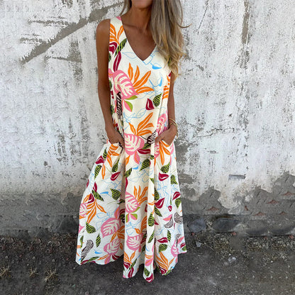 🌸Spring Specials💐 Women's Leaves Pattern V-Neck Sleeveless Floor-Length Dress