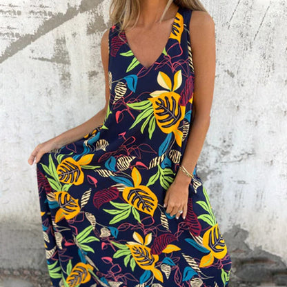 🌸Spring Specials💐 Women's Leaves Pattern V-Neck Sleeveless Floor-Length Dress