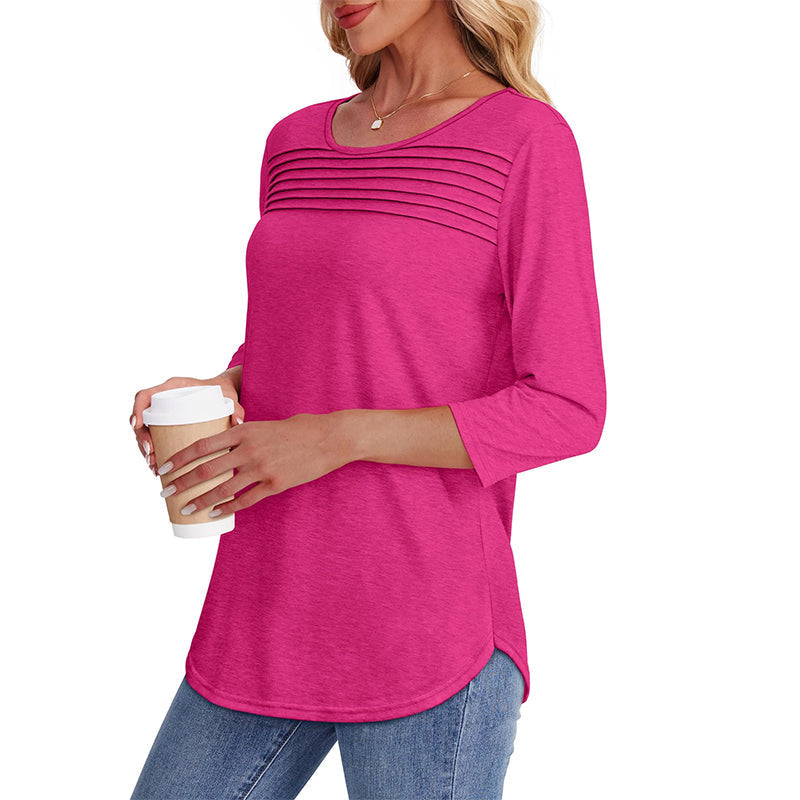 Free shipping on one piece too-Women’s Pleated Detail 3/4 Sleeve Casual T-Shirt