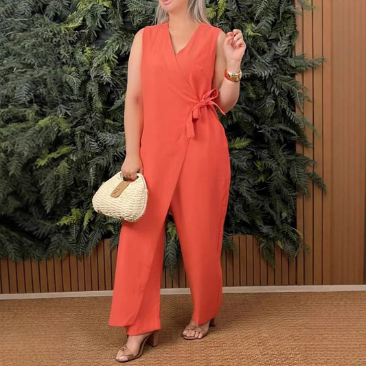 🌸 49% OFF ENDING SOON 🌸 Women's Solid Color Jumpsuit - V-Neck with Tie Waist, Casual Fit & Soft Fabric | Perfect for Brunch, Errands or Coffee Runs | UK Sizes
