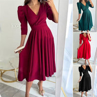 Women's V-Neck Pleated Waist-slimming Midi Dress