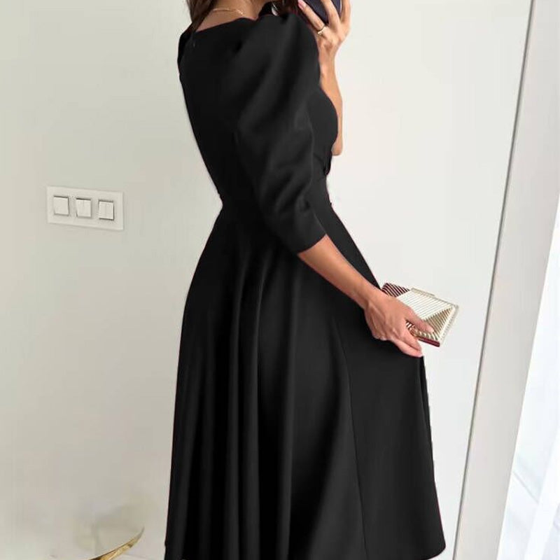 Women's V-Neck Pleated Waist-slimming Midi Dress