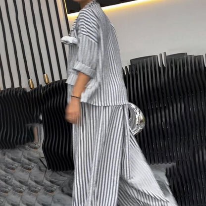 Striped Lapel Jacket Wide Leg Pants 2-Piece Set