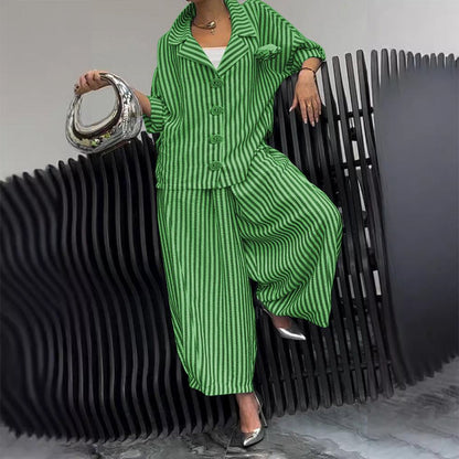 Striped Lapel Jacket Wide Leg Pants 2-Piece Set