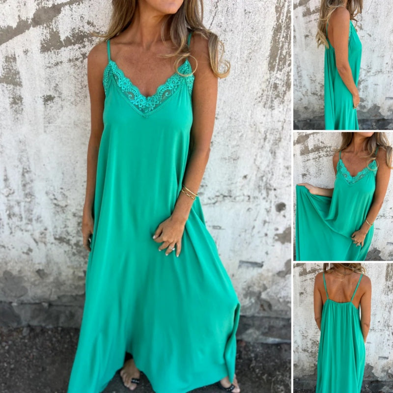 Women's Elegant Lace Trim V-Neck Spaghetti Strap Maxi Dress