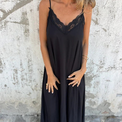 Women's Elegant Lace Trim V-Neck Spaghetti Strap Maxi Dress