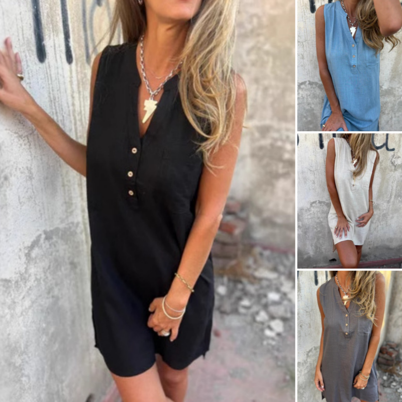 🔥NEW HOT SALE🔥Women's Sleeveless Button Pocket V-Neck Dress