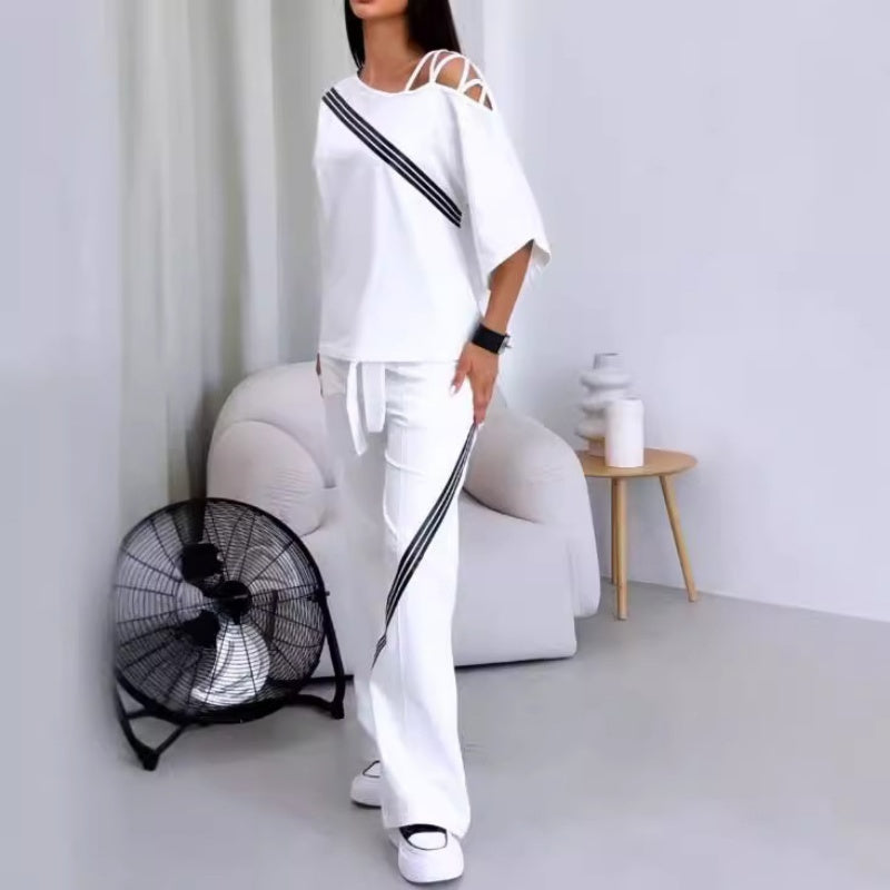 Women’s Striped Short-Sleeve Tops ＆ Pants Two-Piece Set