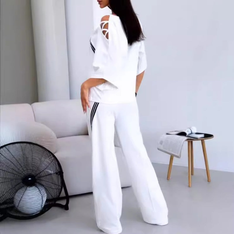 Women’s Striped Short-Sleeve Tops ＆ Pants Two-Piece Set