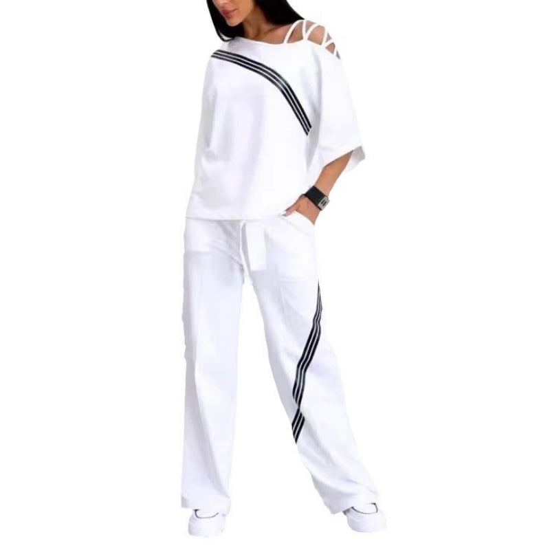 Women’s Striped Short-Sleeve Tops ＆ Pants Two-Piece Set