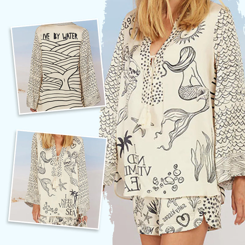 💕2025 HOT SALE 50% OFF👚Satin Unique Letter Print Tassle Shirt and Elastic Waist Shorts Set