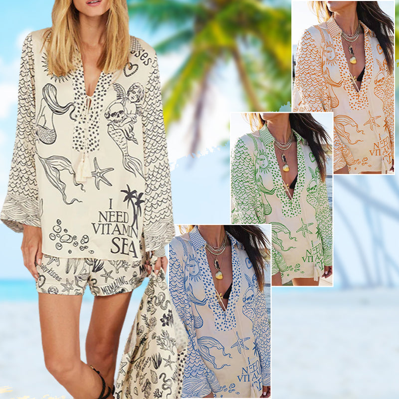 💕2025 HOT SALE 50% OFF👚Satin Unique Letter Print Tassle Shirt and Elastic Waist Shorts Set