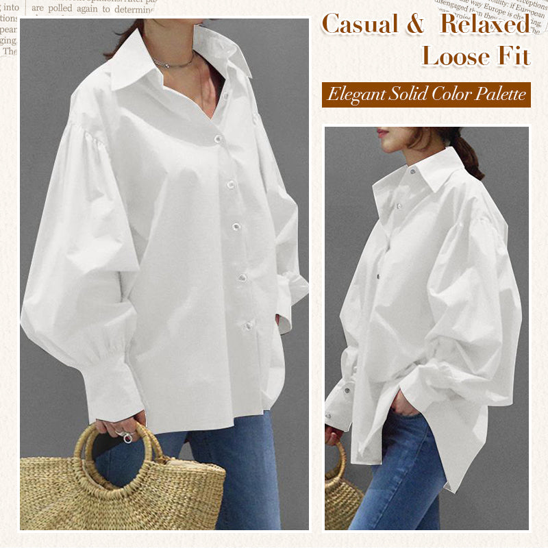 Women's Casual Solid Color Lantern Sleeve Lapel Shirt