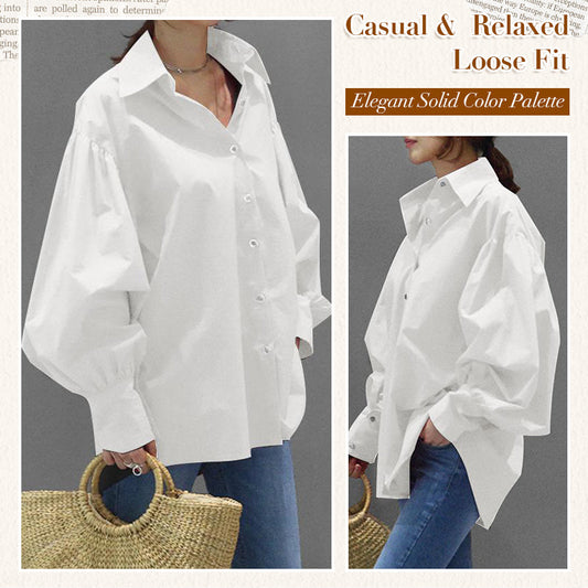 Women's Casual Solid Color Lantern Sleeve Lapel Shirt