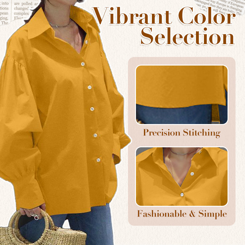 Women's Casual Solid Color Lantern Sleeve Lapel Shirt