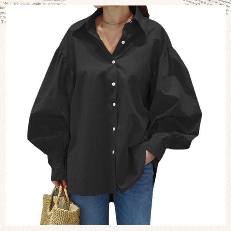 Women's Casual Solid Color Lantern Sleeve Lapel Shirt