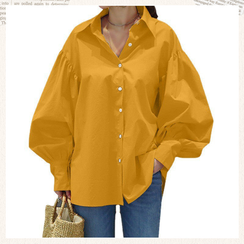 Women's Casual Solid Color Lantern Sleeve Lapel Shirt