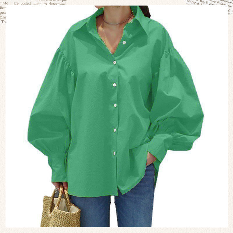 Women's Casual Solid Color Lantern Sleeve Lapel Shirt