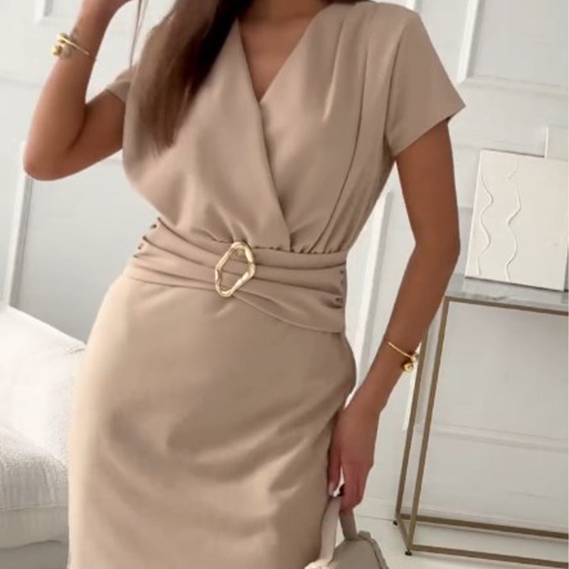 ⏳Time-limited Special👗V-Neck Short Sleeve Short Dress with Cinched Waist