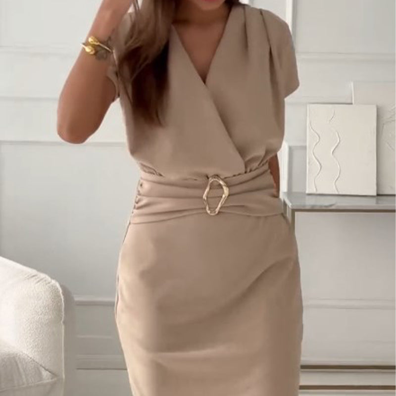⏳Time-limited Special👗V-Neck Short Sleeve Short Dress with Cinched Waist