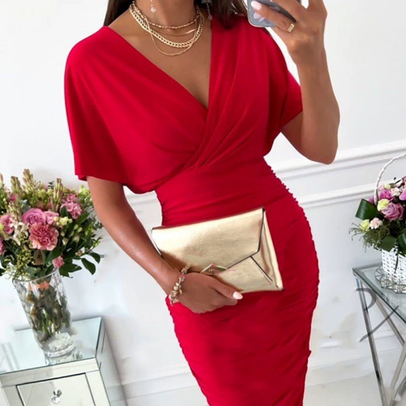 Women's Sexy Ruched V-Neck Bodycon Dress