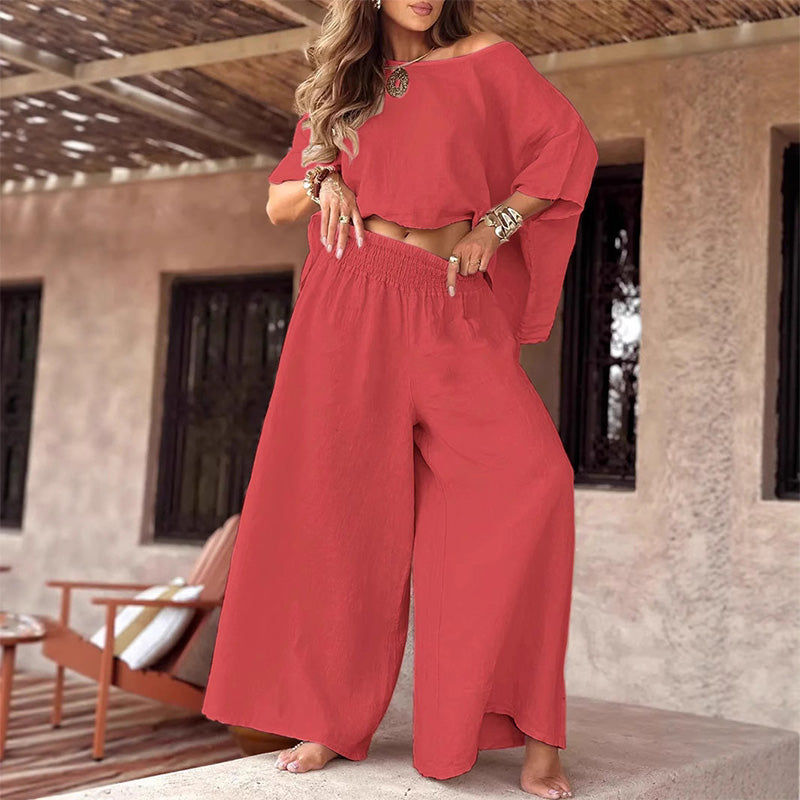 ⏳Time-limited Special💕Women's Causal Off Shoulder Top ＆ Wide-Leg Pants Two-Piece Set