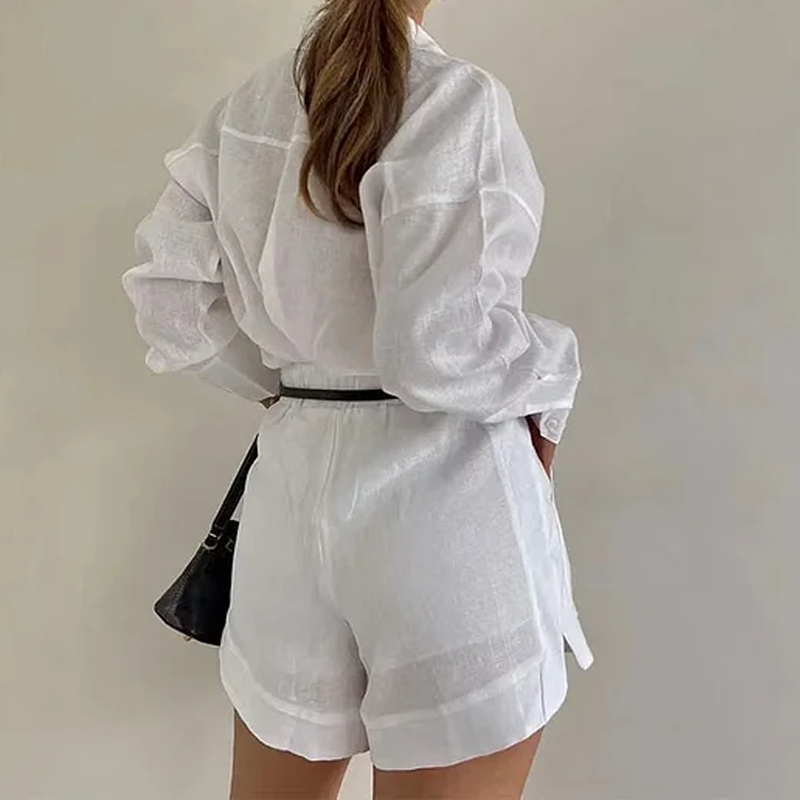 Women's Elegant Long Sleeve Shirt & Shorts Two-Piece Set