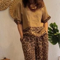 🎨Stylish Patchwork Short Sleeve Top & Wide Leg Pants Two Piece Set👯