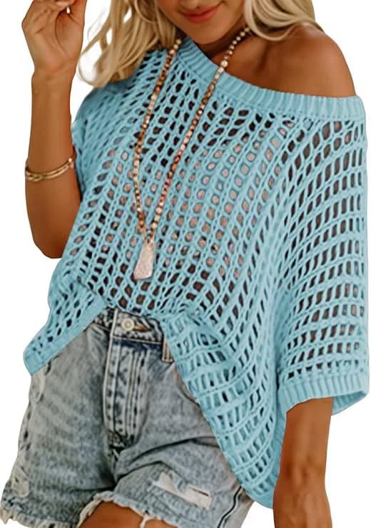 💥This Week's Special Price 💥Womens Summer Scoop Neck ShortSleeve Sweater Casual Crochet Hollow Out KnitTops