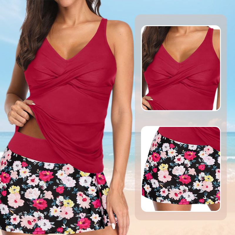 Cross-Back Strap Top with Lined Skirt Separates Swimmsuit
