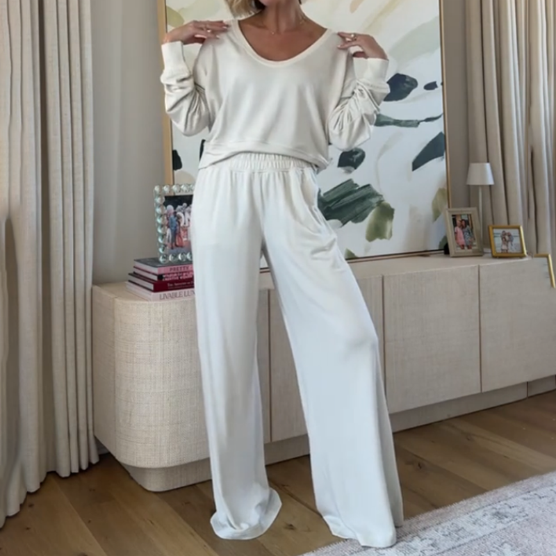 Women's Casual V-Neck Top & Full-Length Pants Set