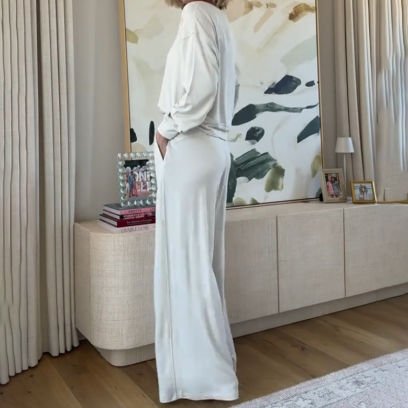 Women's Casual V-Neck Top & Full-Length Pants Set