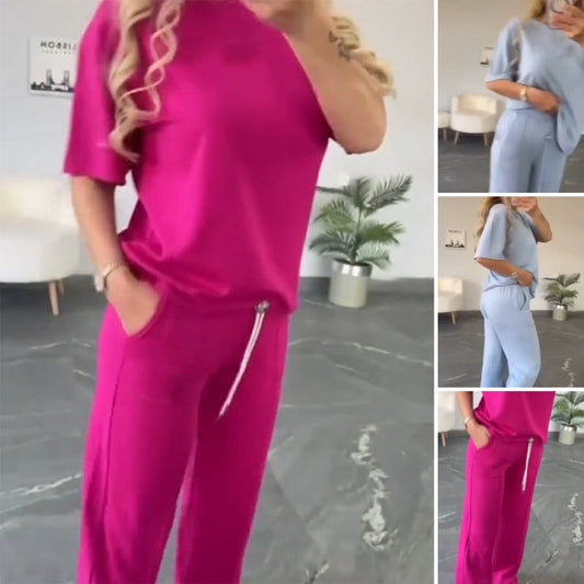 Women's Casual Short-Sleeve Tops ＆ Long Pants 2-Piece Set