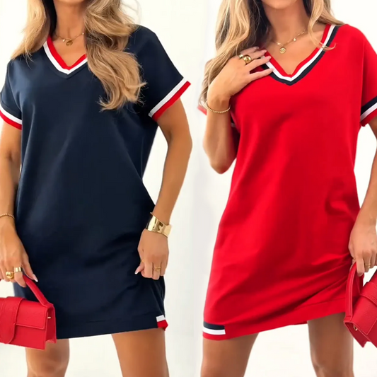 V-Neck Color-Blocking Midi Dress