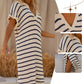 Women's V-Neck Striped Split Lapel Long Sweater Dress